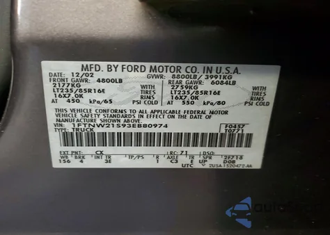 2003 Ford F250 Super Duty z USA, uszkodzony, nr VIN 1FTNW21S93EB80974